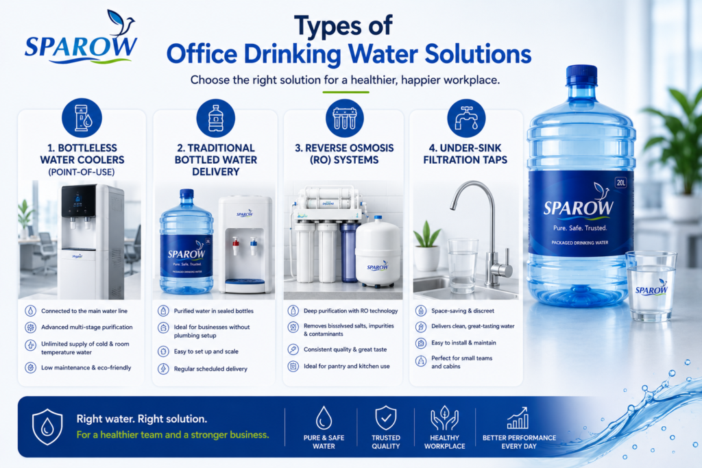types of office drinking water solutions, sparow packages drinking water