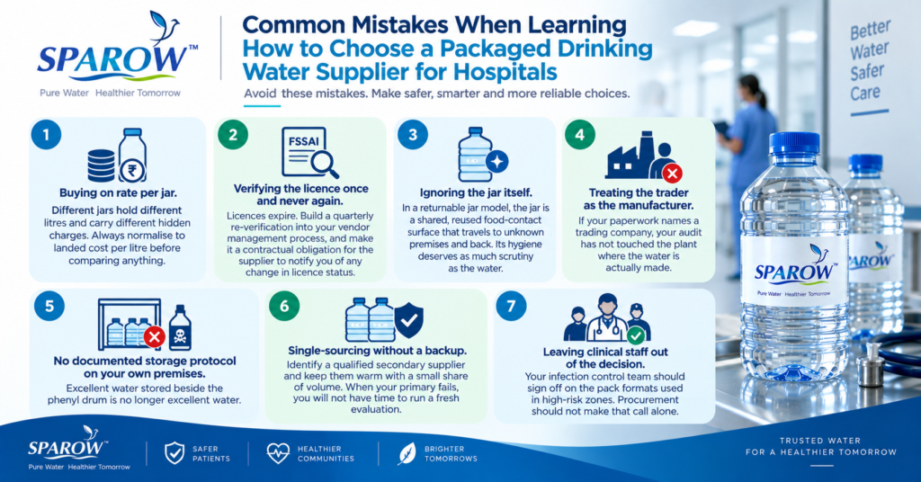 Common mistakes hospitals should avoid when choosing a packaged drinking water supplier, including comparing jar prices, ignoring licence verification, poor jar hygiene, inadequate storage, single sourcing, and excluding clinical staff.