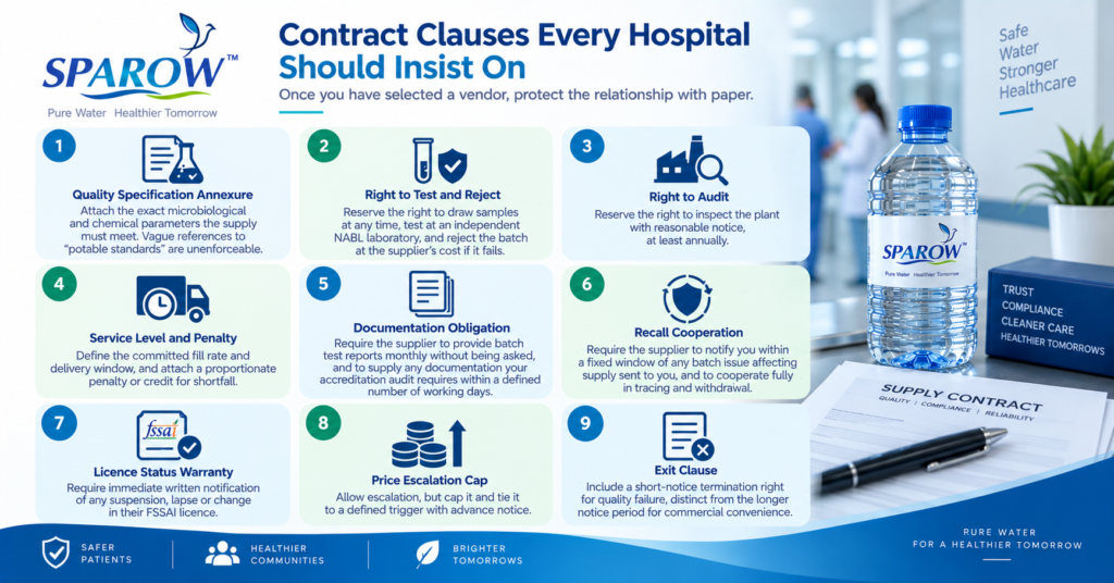 Contract clauses hospitals should include when selecting a packaged drinking water supplier, covering quality standards, testing, audits, service levels, documentation, recall cooperation, licence status, price limits, and exit terms.