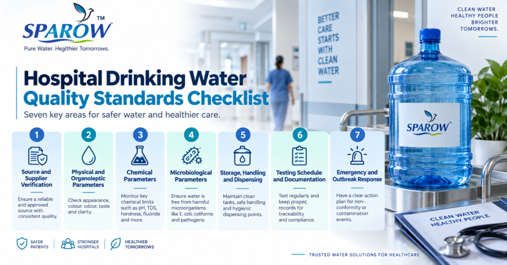 Hospital drinking water quality standards checklist covering source verification, physical and chemical parameters, microbiological testing, storage, testing schedules, and emergency response.