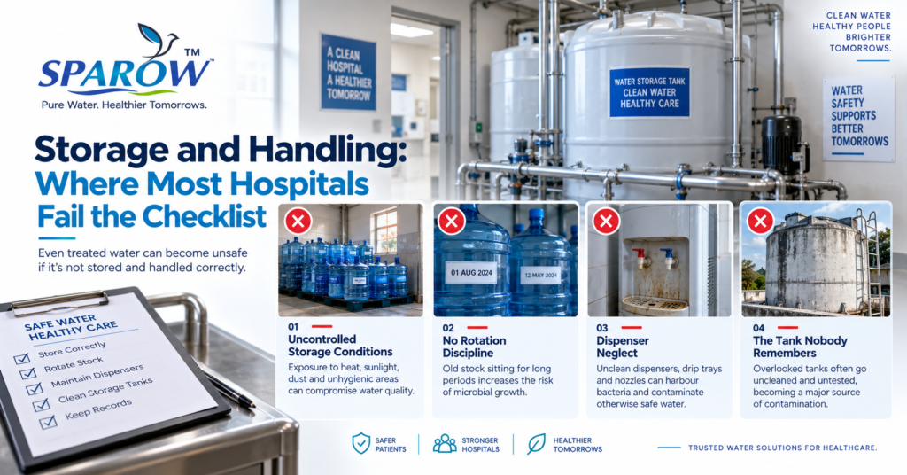 Hospital drinking water quality standards checklist highlighting storage conditions, stock rotation, dispenser hygiene, and water tank maintenance.