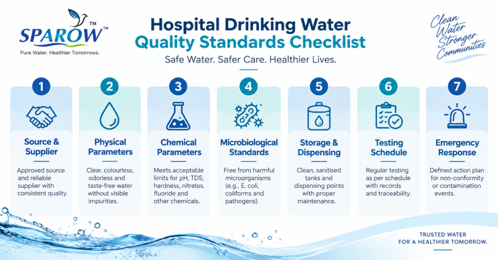 Infographic showing the seven sections of a hospital drinking water quality standards checklist