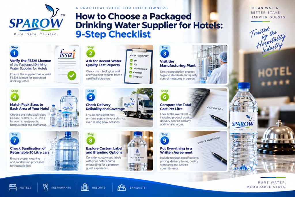 How to choose a packaged drinking water supplier for hotels with a 9-step checklist covering FSSAI licence, water quality, delivery, pricing, jar sanitisation, and agreements