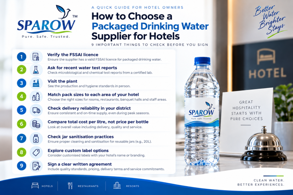 How to choose a packaged drinking water supplier for hotels checklist featuring FSSAI licence, water testing, delivery reliability, and supplier evaluation