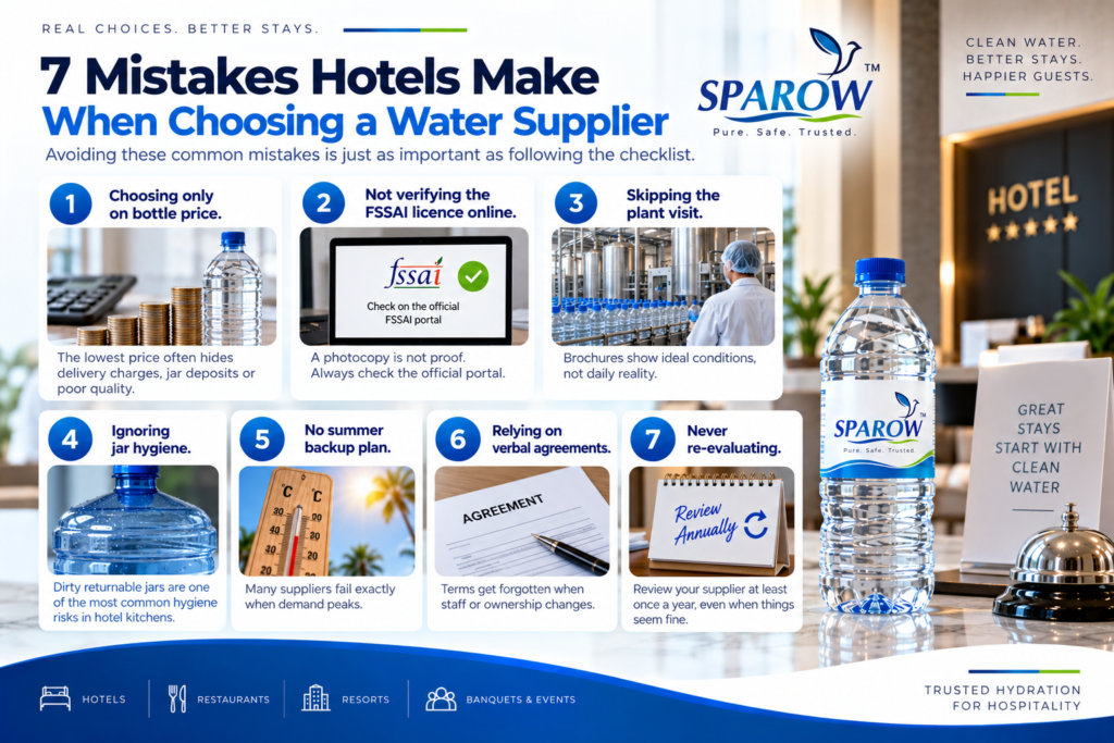 How to choose a packaged drinking water supplier for hotels while avoiding common mistakes with pricing, FSSAI verification, plant visits, jar hygiene, delivery, and contracts