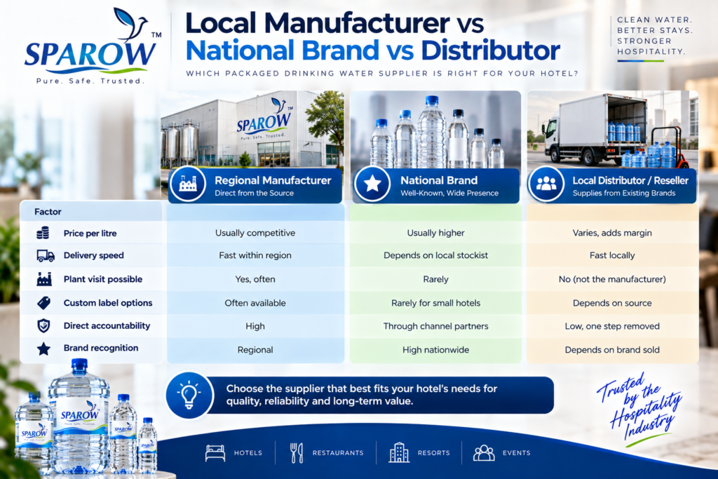 Local manufacturer vs national brand vs distributor for hotels comparing packaged drinking water supplier options, pricing, delivery, customization, accountability, and brand recognition