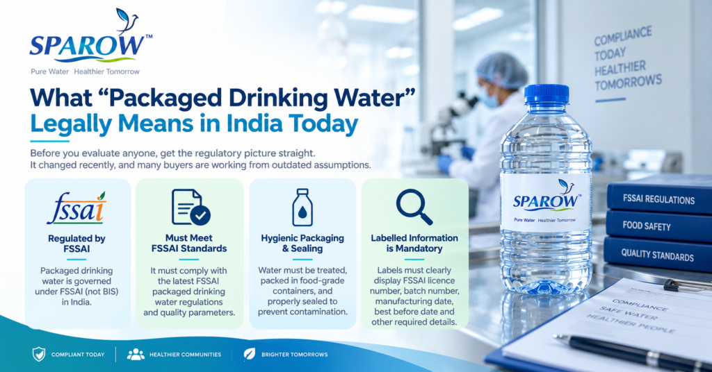 What packaged drinking water legally means in India today, showing FSSAI compliance, quality standards, hygienic packaging, and mandatory labelling requirements.