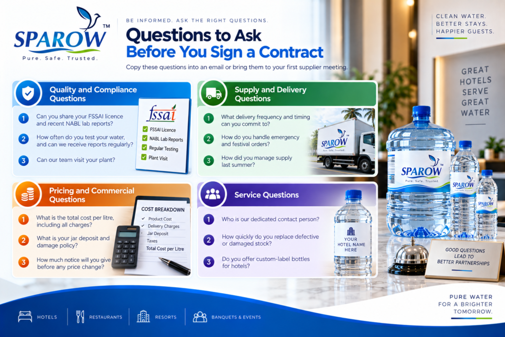 Questions to ask when learning how to choose a packaged drinking water supplier for hotels, covering quality, compliance, delivery, pricing, and service