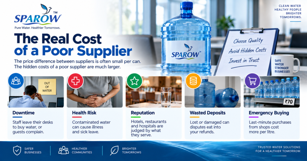 Questions to ask a bottled water supplier before signing a contract to avoid downtime, health risks, reputation damage, wasted deposits and emergency buying costs.